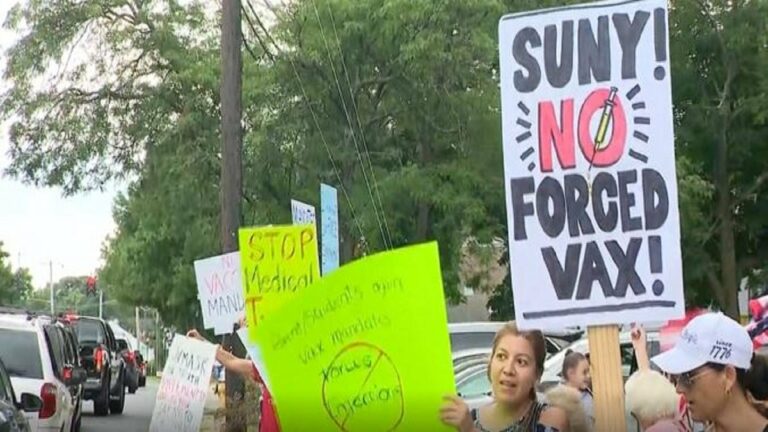 New York college students protest new COVID vaccine measures.