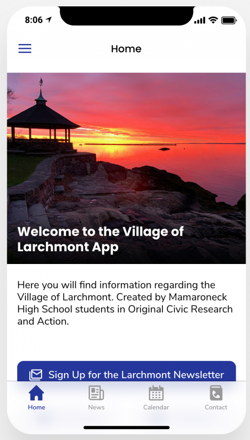 The home page of the new Village of Larchmont app, created by MHS OCRA students.
