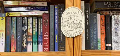 Bookshelf with several fictional reads features a sign reading “blessed are the curious, for they shall have adventures.”