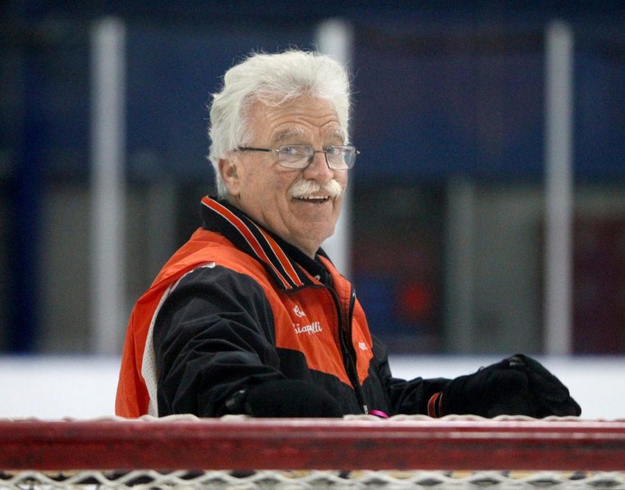 Coach+Chiapperlli+looks+out+onto+the+Hommocks+hockey+rink+as+he+coaches.
