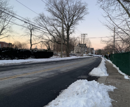Rockland Ave covered in snow on a brisk winter morning, demonstrating the winter chill.