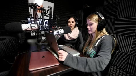 Mamaroneck High School students produce podcasts in the studio.