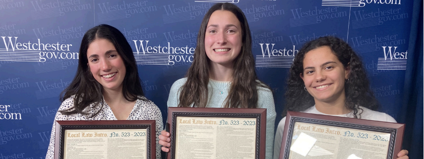 Seniors Marion Karp, Katie Loga, and Larissa Bertini display framed copies of the new County foodware law they helped shape.