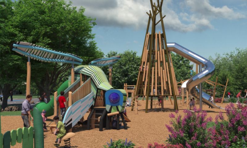 A rendering of the new all-age playground, currently under construction at Flint Park. The playground, part of Phase One of the restoration, is set to be complete by summer.