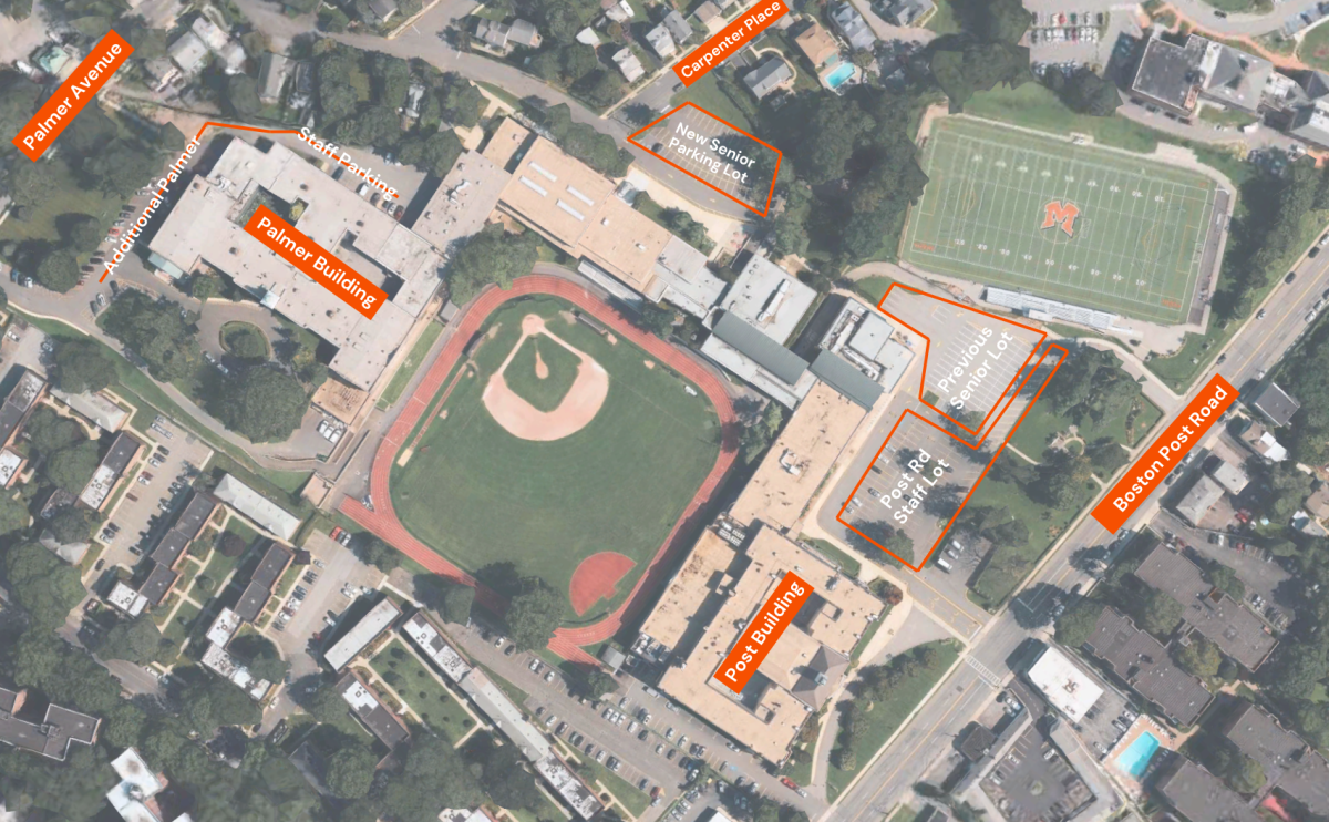 A map of parking across Mamaroneck High Schools campus that shows the relocation of senior lot.