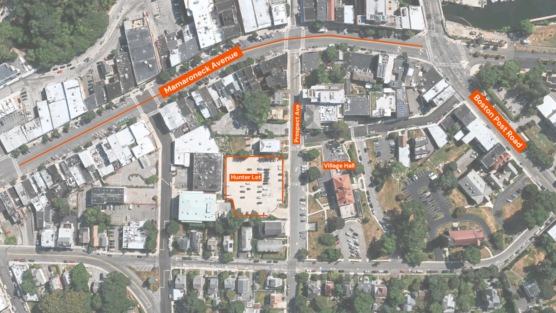 A map of the area surrounding the Hunter Lot, Mamaroneck Avenue, and the Village of Mamaroneck Hall.