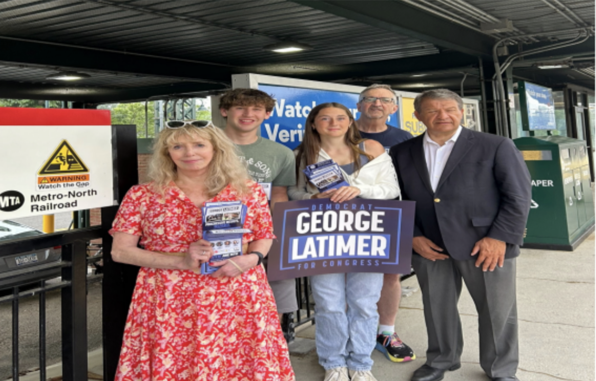 MHS students and other local volunteers with George Latimer at the Mamaroneck train station.