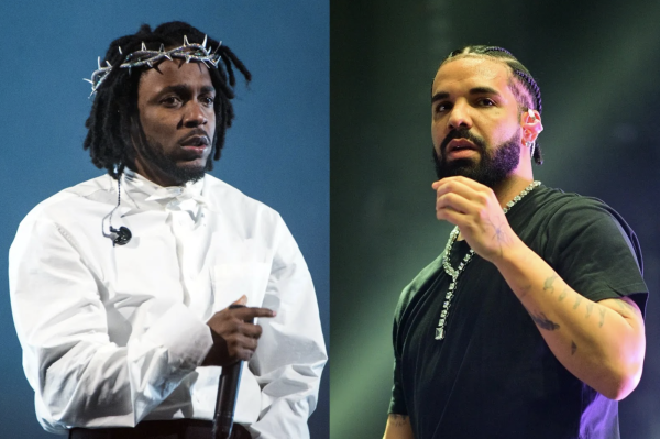 Kendrick Lamar is featured on the left of the image while Drake is featured on the right.