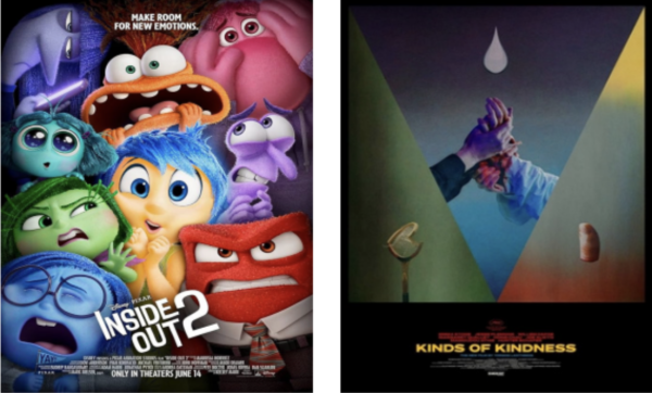 “Inside Out 2” movie poster (left) and “Kinds of Kindness” movie poster (right)