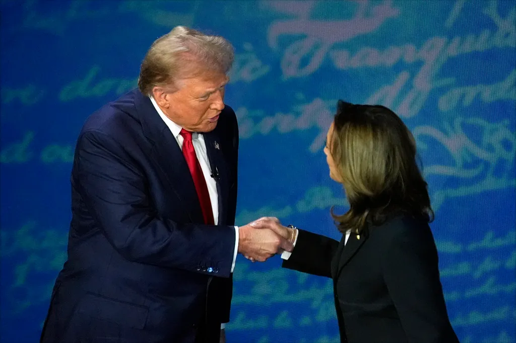   Harris shaking hands with Trump at the start of the September 10th debate.