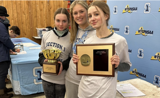 (From left to right) Ski team members Kelsey Fleschiu (’28), Maggie Roseberry (’26), and Meghan Love (’28).
