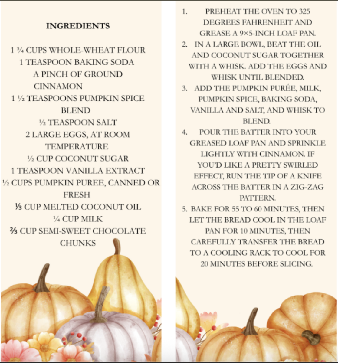 Recipe for chocolate chjp pumpkin bread. Try it at home!